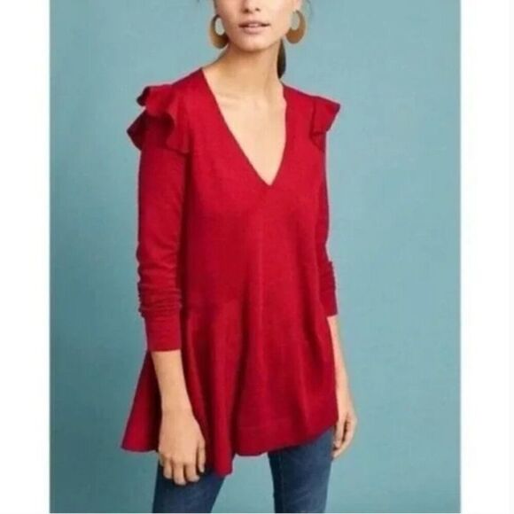 Anthropologie Moth Red Wool Ruffle V-Neck Long Sweater Tunic Sz S Feminine Cozy - Picture 1 of 8